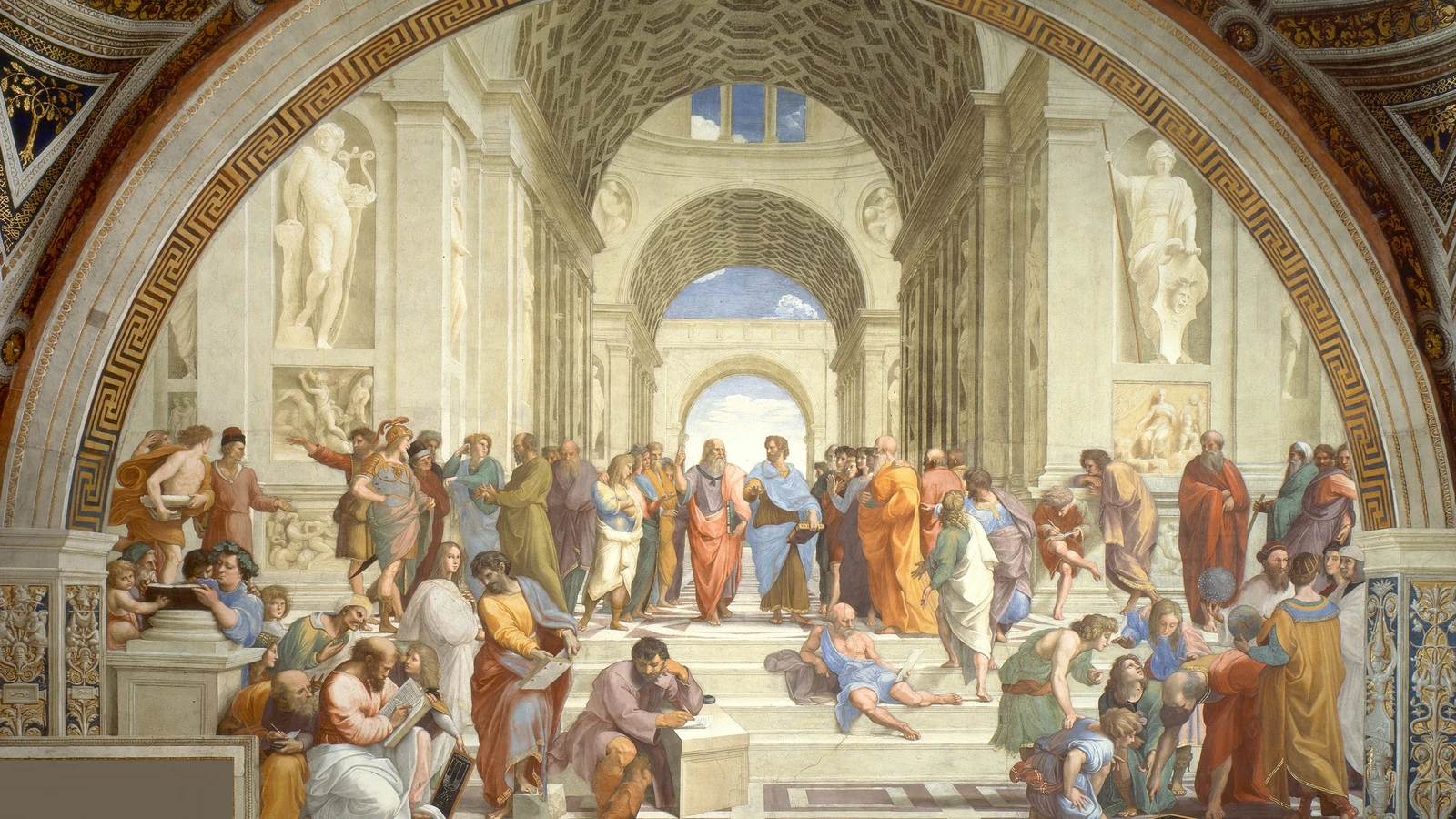 A group of thinkers converse beneath classical architecture in The School of Athens.