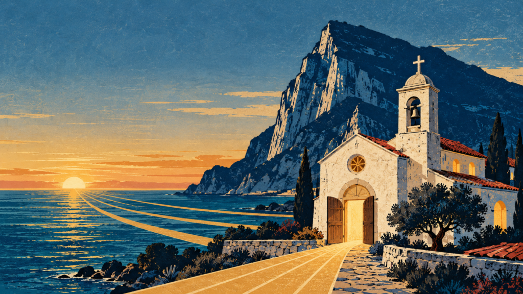 Ilustración del Peñón de Gibraltar junto a una iglesia cristiana abierta al mar