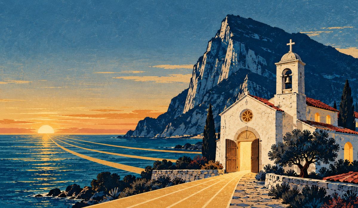 Ilustración del Peñón de Gibraltar junto a una iglesia cristiana abierta al mar