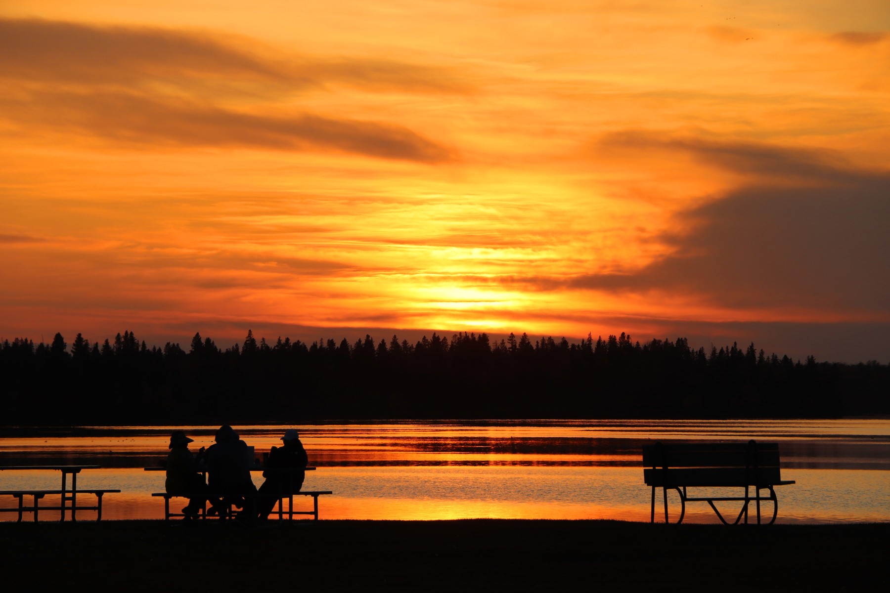 Cuatro personas comparten una comida al aire libre al atardecer.