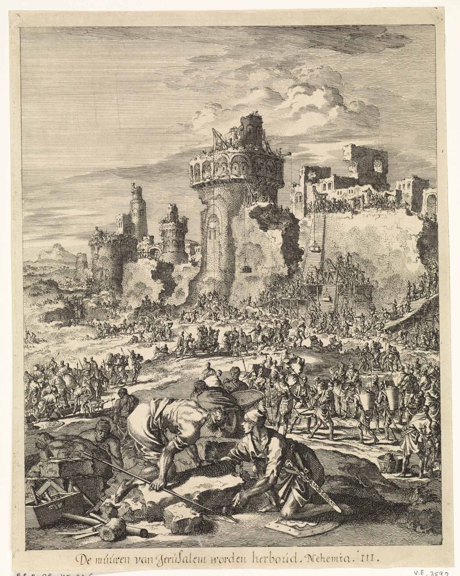 Workers rebuild the walls of Jerusalem together.